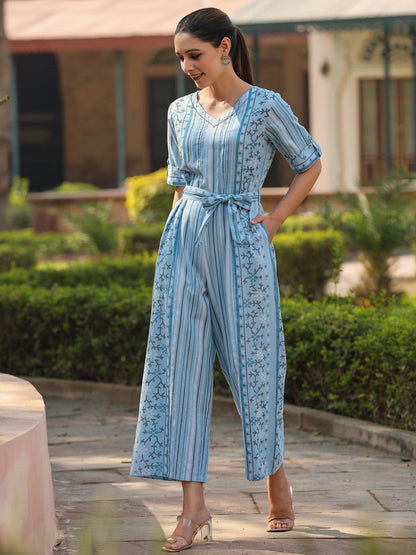 Sky-Blue Cotton Flex Jamdani Printed Jumpsuit