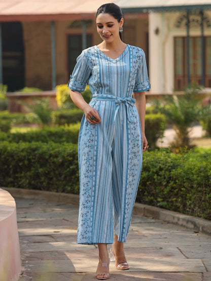 Sky-Blue Cotton Flex Jamdani Printed Jumpsuit