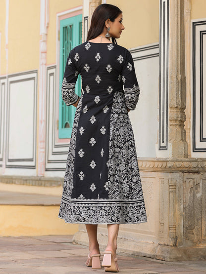 Black Cotton Cambric Aari Printed Maxi Dress