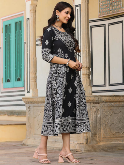 Black Cotton Cambric Aari Printed Maxi Dress
