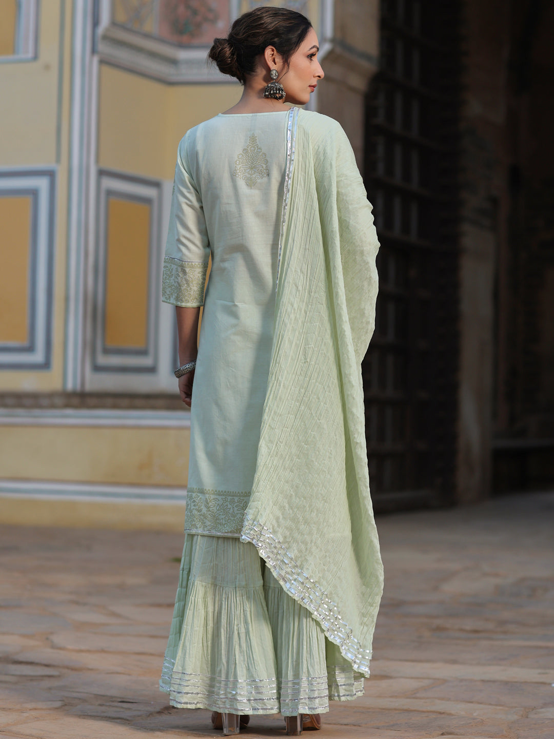Pista Green Cotton Cambric Aari Printed Kurta, Pants & Dupatta Set