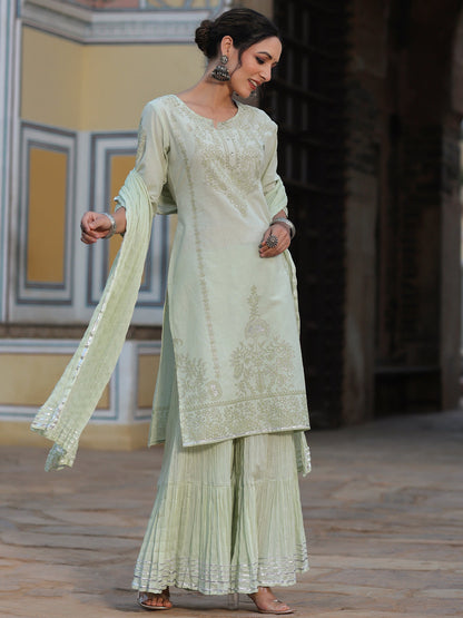 Pista Green Cotton Cambric Aari Printed Kurta, Pants & Dupatta Set