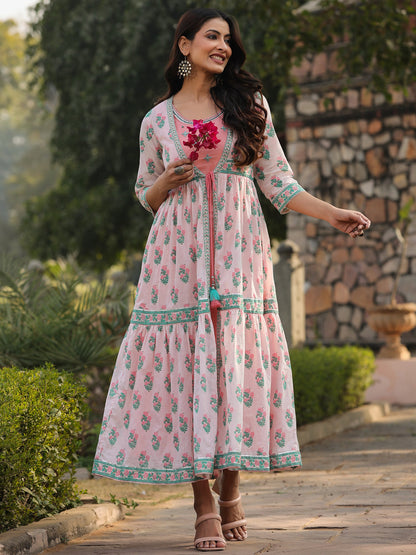 Pink Cotton Printed Tiered Dress