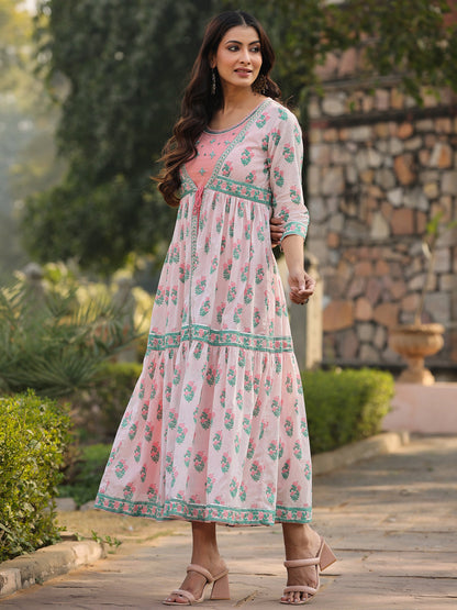 Pink Cotton Printed Tiered Dress