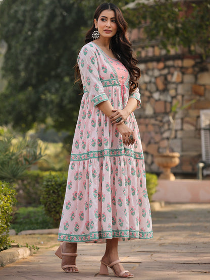 Pink Cotton Printed Tiered Dress