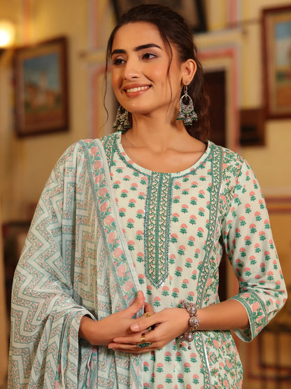 Seagreen Cambric Floral Printed Kurta Palazzo Set
