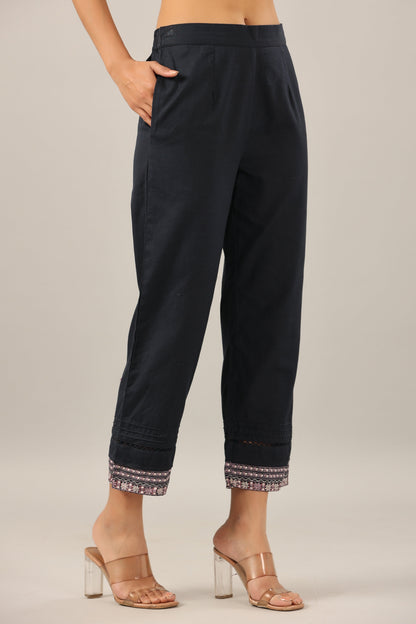 Navy Blue Cotton Flex Solid Pant