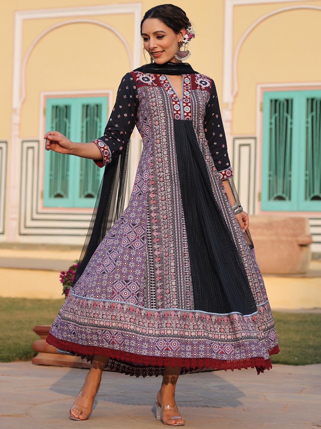 Lavender Cotton Cambric Tribal Printed With Embroidered Flared Kurta & Dupatta Set