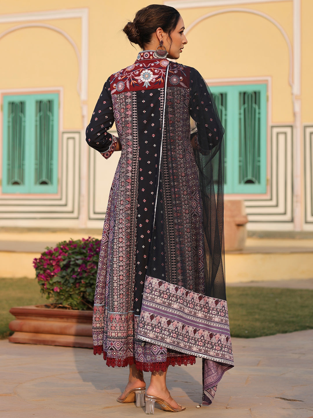 Lavender Cotton Cambric Tribal Printed With Embroidered Flared Kurta & Dupatta Set