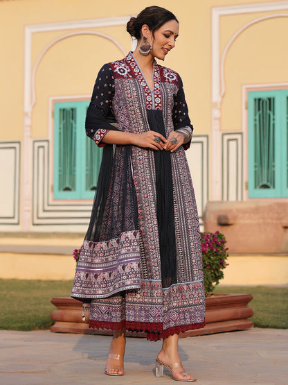 Lavender Cotton Cambric Tribal Printed With Embroidered Flared Kurta & Dupatta Set