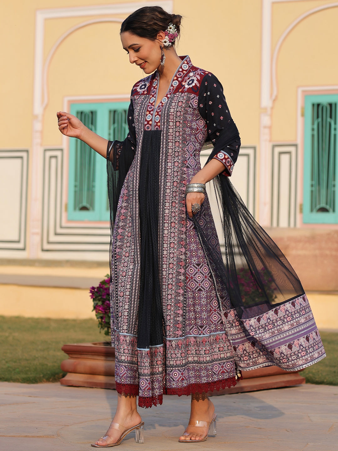 Lavender Cotton Cambric Tribal Printed With Embroidered Flared Kurta & Dupatta Set