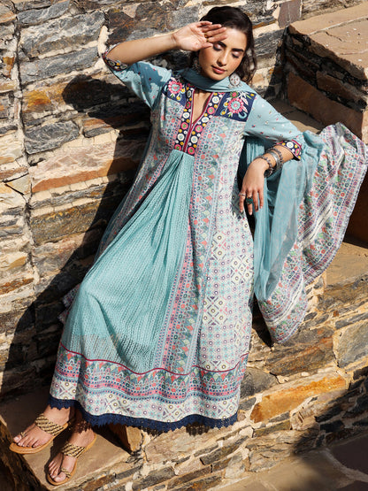 Sky-Blue Cotton Cambric Tribal Printed With Embroidered Flared Kurta & Dupatta Set