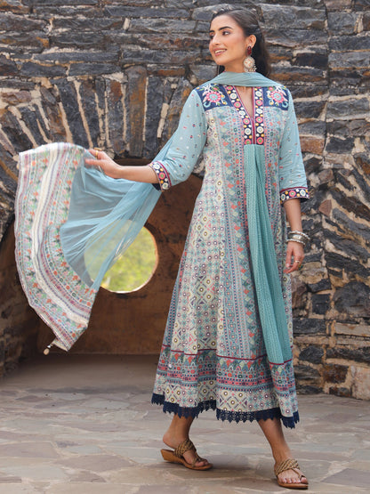 Sky-Blue Cotton Cambric Tribal Printed With Embroidered Flared Kurta & Dupatta Set