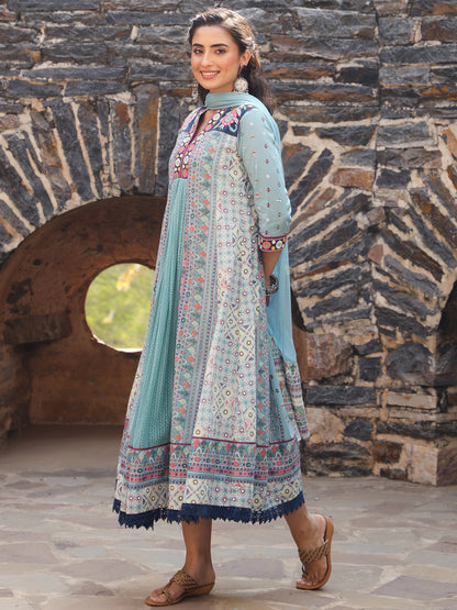 Sky-Blue Cotton Cambric Tribal Printed With Embroidered Flared Kurta & Dupatta Set