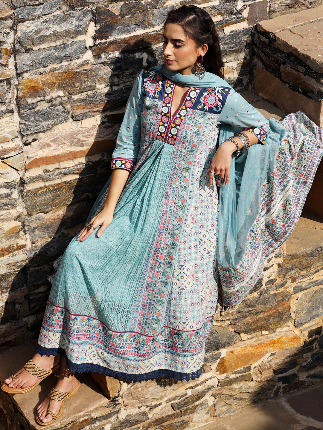 Sky-Blue Cotton Cambric Tribal Printed With Embroidered Flared Kurta & Dupatta Set