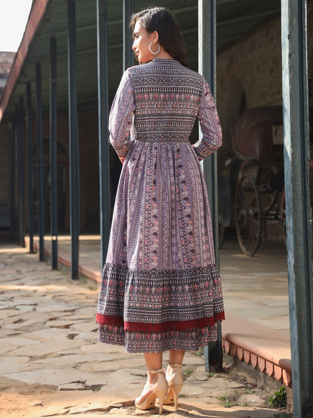 Lavender Cotton Cambric Tribal Printed Maxi Dress With Jacket