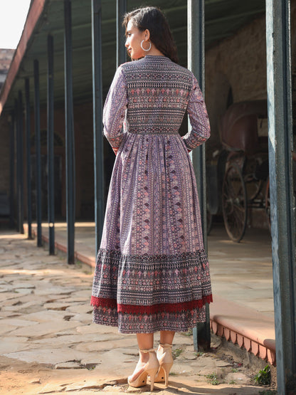 Lavender Cotton Cambric Tribal Printed Maxi Dress With Jacket