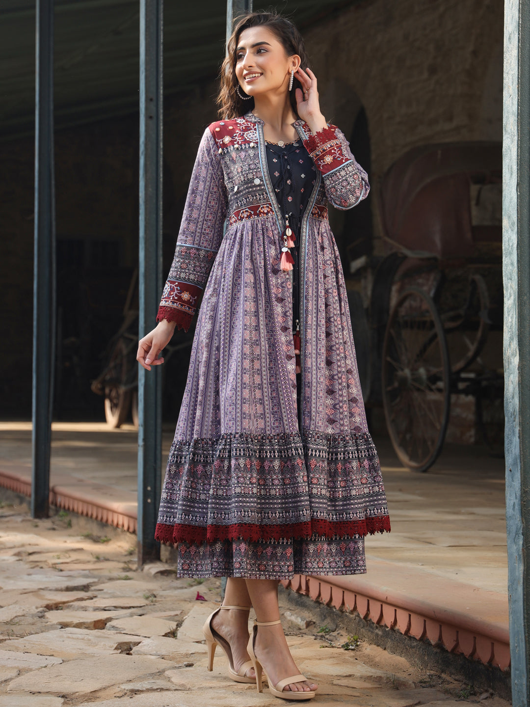 Lavender Cotton Cambric Tribal Printed Maxi Dress With Jacket