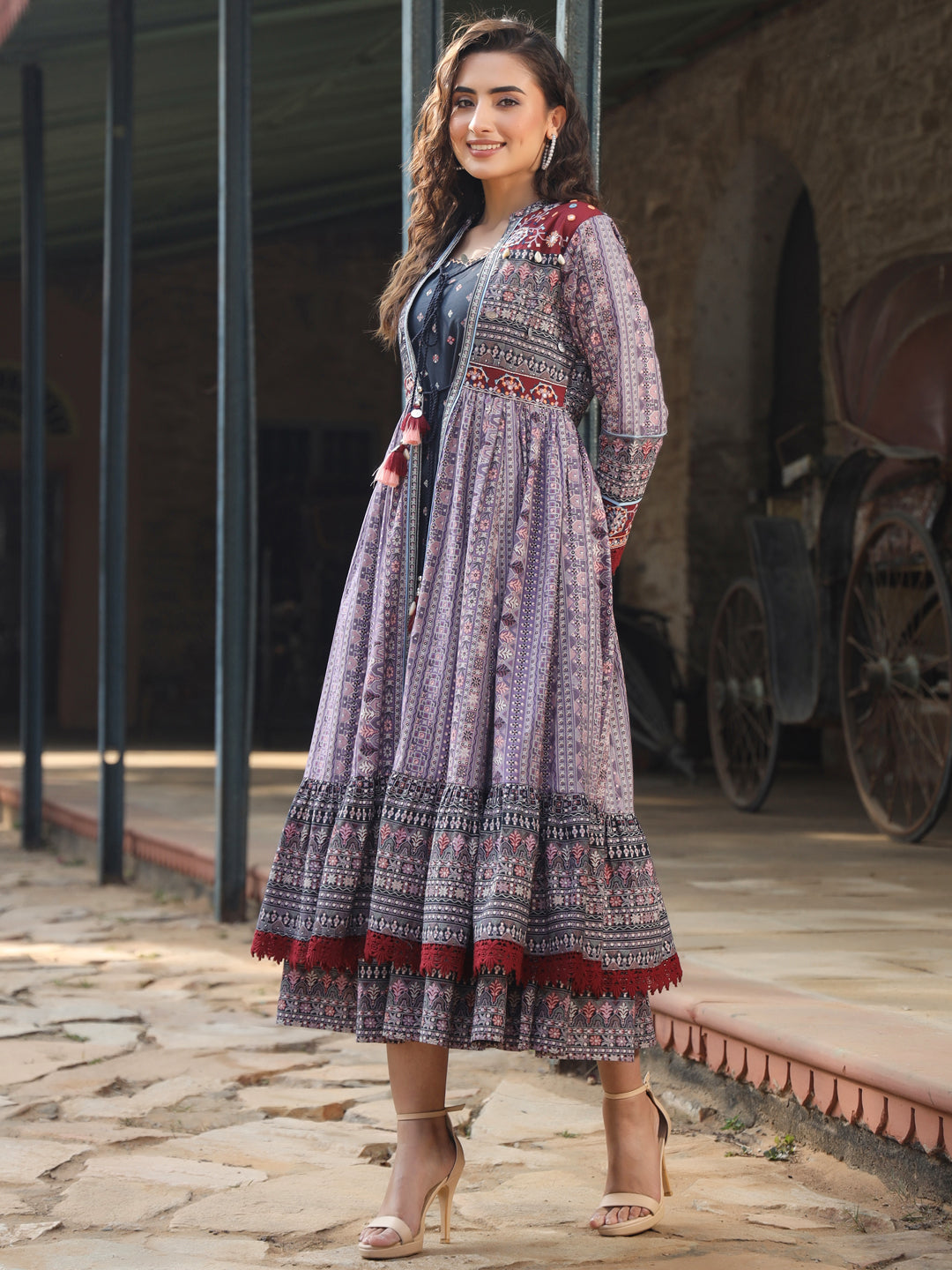 Lavender Cotton Cambric Tribal Printed Maxi Dress With Jacket