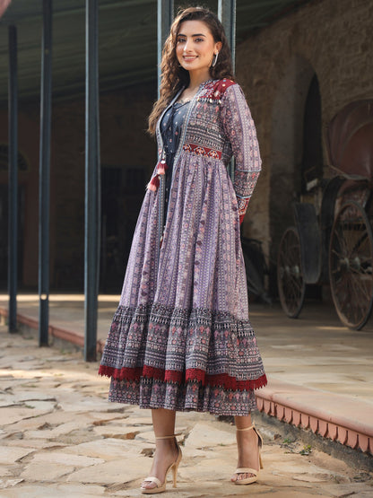 Lavender Cotton Cambric Tribal Printed Maxi Dress With Jacket