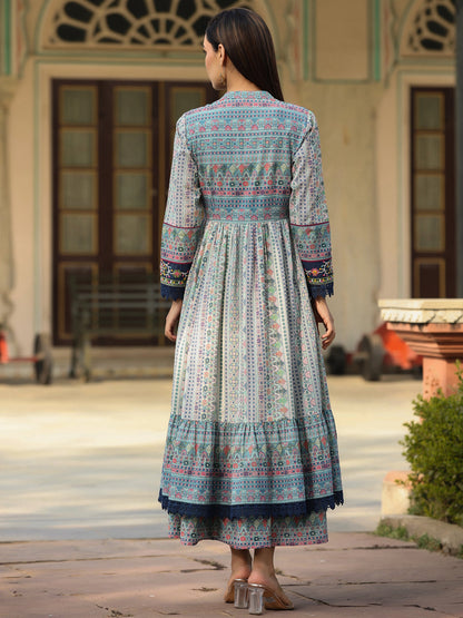 Sky-Blue Cotton Cambric Tribal Printed Maxi Dress With Jacket