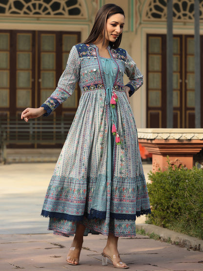 Sky-Blue Cotton Cambric Tribal Printed Maxi Dress With Jacket