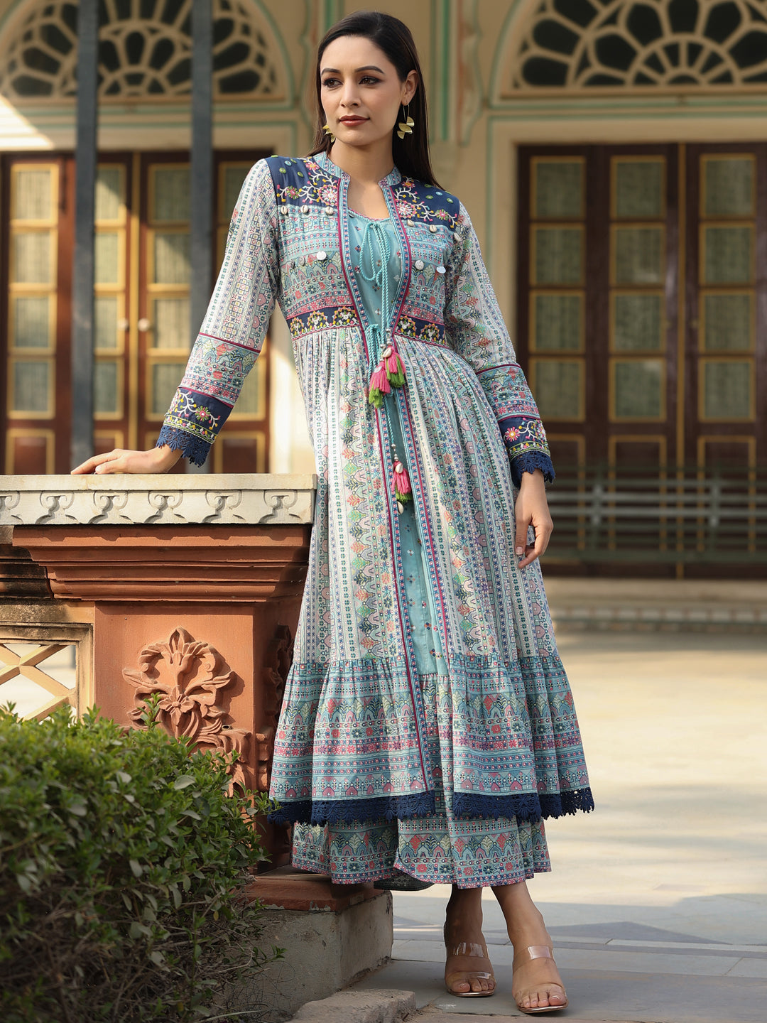 Sky-Blue Cotton Cambric Tribal Printed Maxi Dress With Jacket