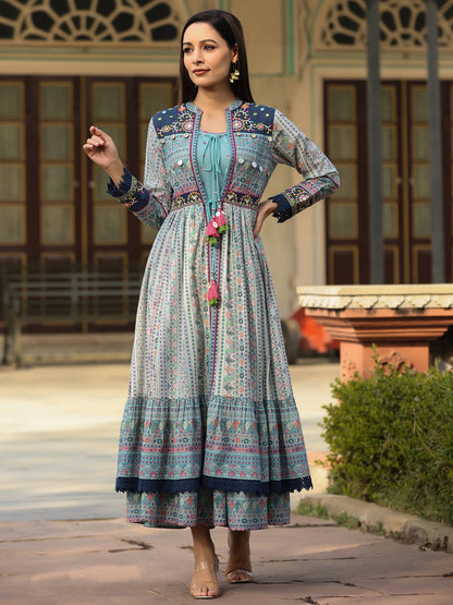 Sky-Blue Cotton Cambric Tribal Printed Maxi Dress With Jacket