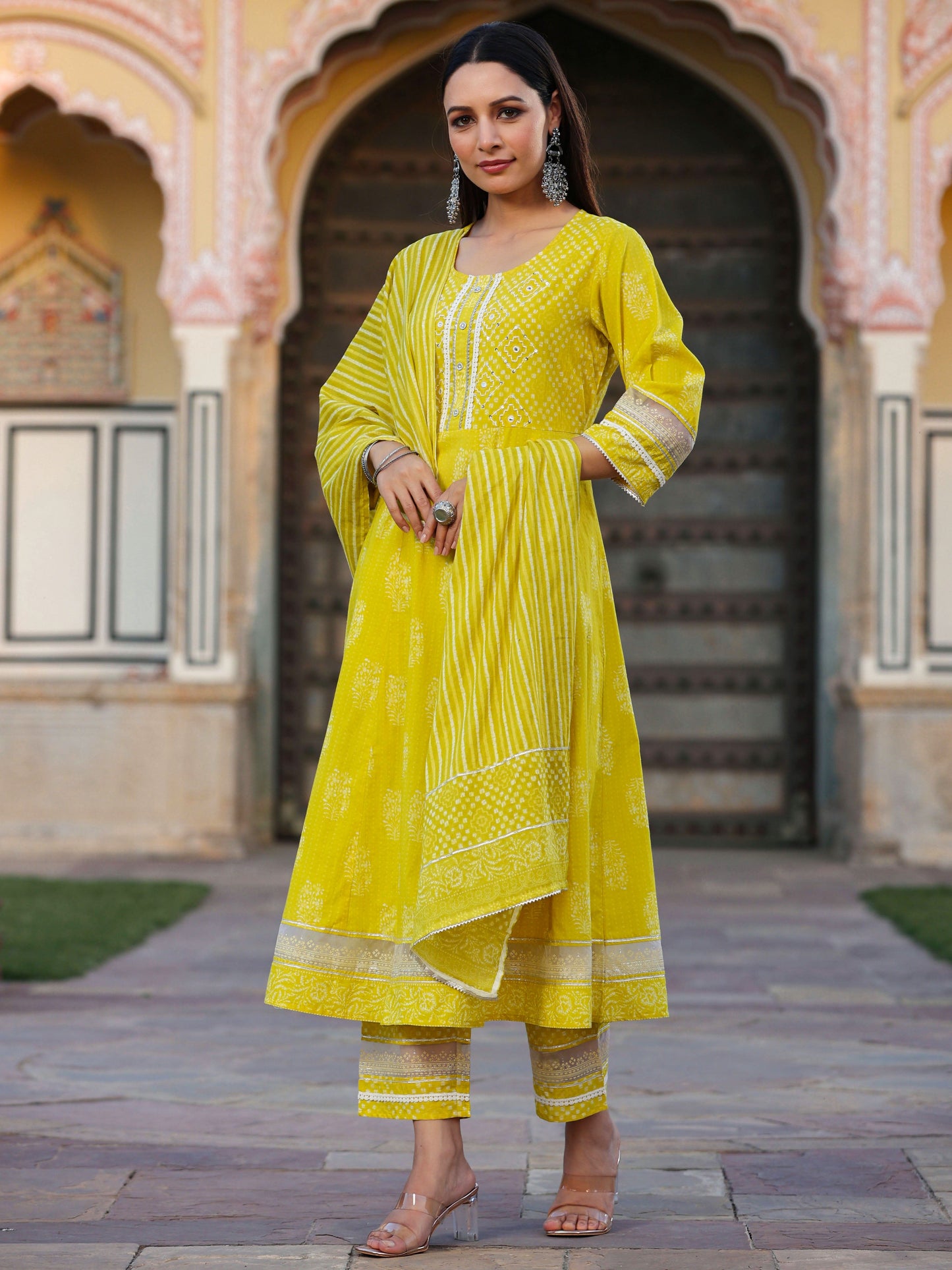 Lime Cotton Cambric Batik Texture Printed Anarkali Kurta, Pants And Dupatta Set