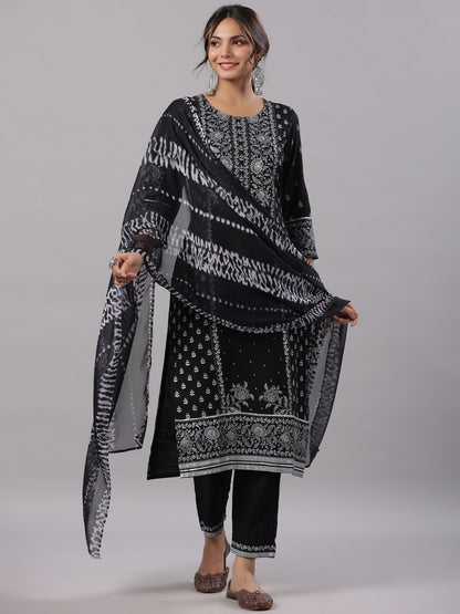 Black Rayon Staple Kalamkari Printed Kurta, Pants And Dupatta Set