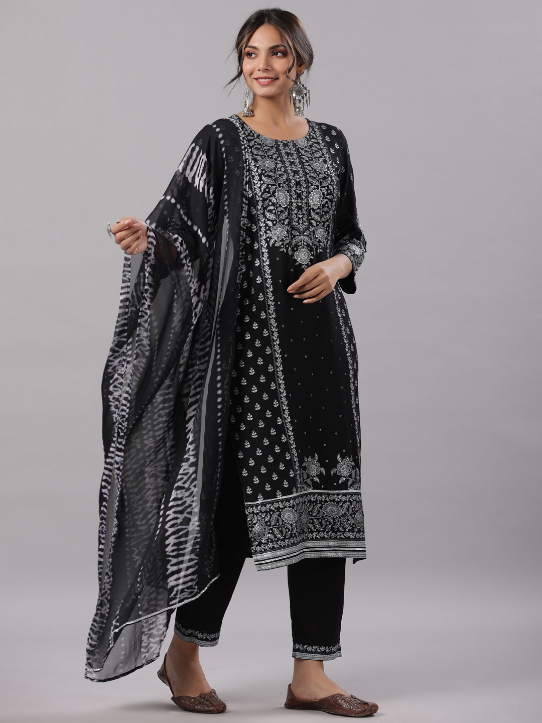 Black Rayon Staple Kalamkari Printed Kurta, Pants And Dupatta Set