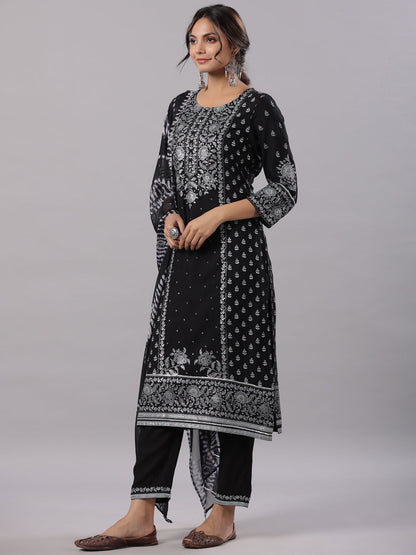 Black Rayon Staple Kalamkari Printed Kurta, Pants And Dupatta Set