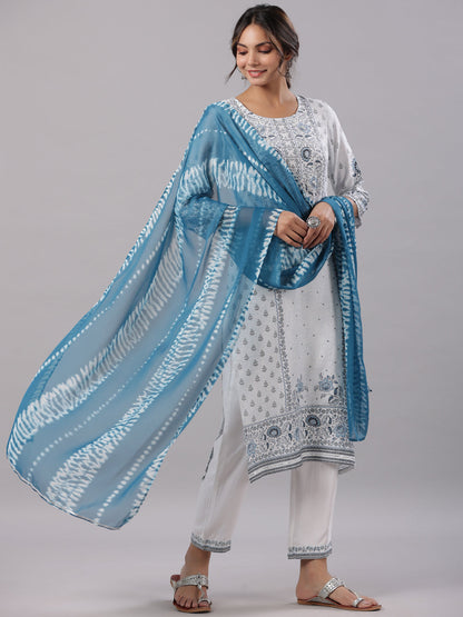 Sky-Blue Rayon Staple Kalamkari Printed Kurta, Pants And Dupatta Set
