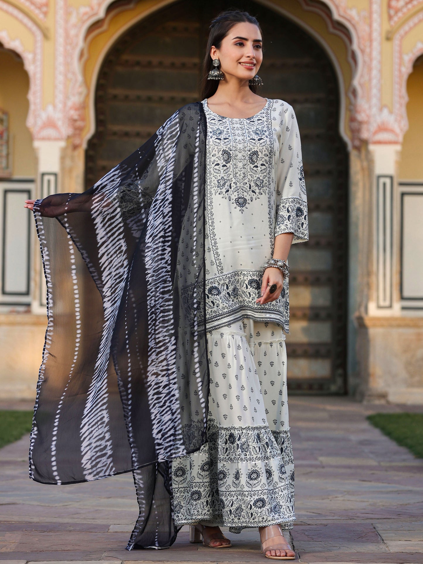 Off White Rayon Floral Placement Kurta With Sharara And Dupatta Set