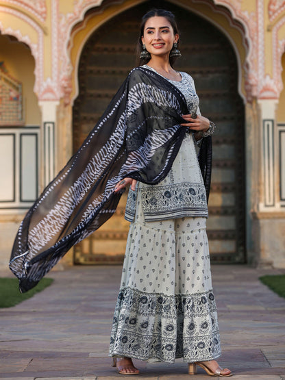 Off White Rayon Floral Placement Kurta With Sharara And Dupatta Set
