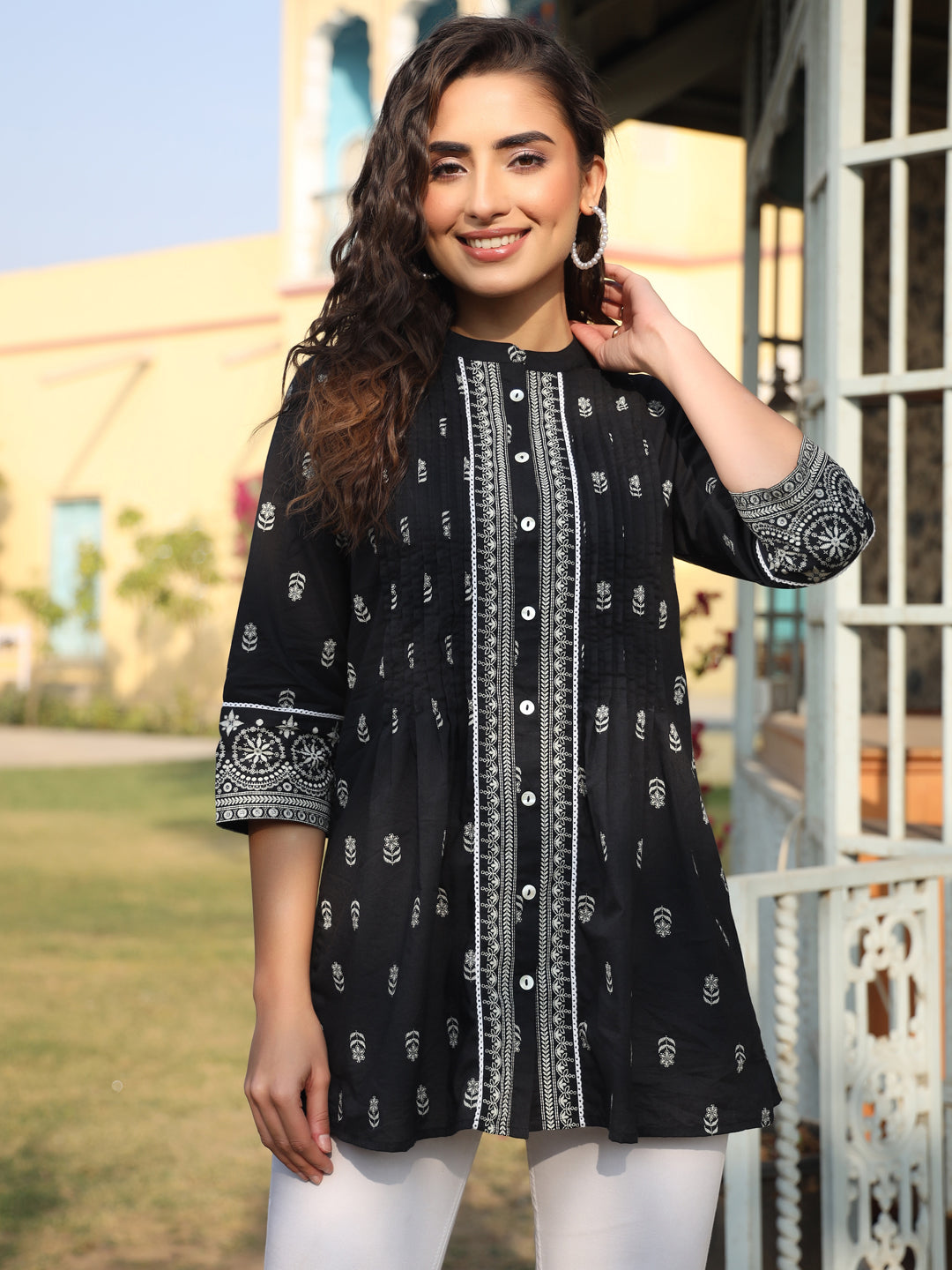 Black Cambric Floral Printed Tunic
