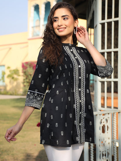 Black Cambric Floral Printed Tunic