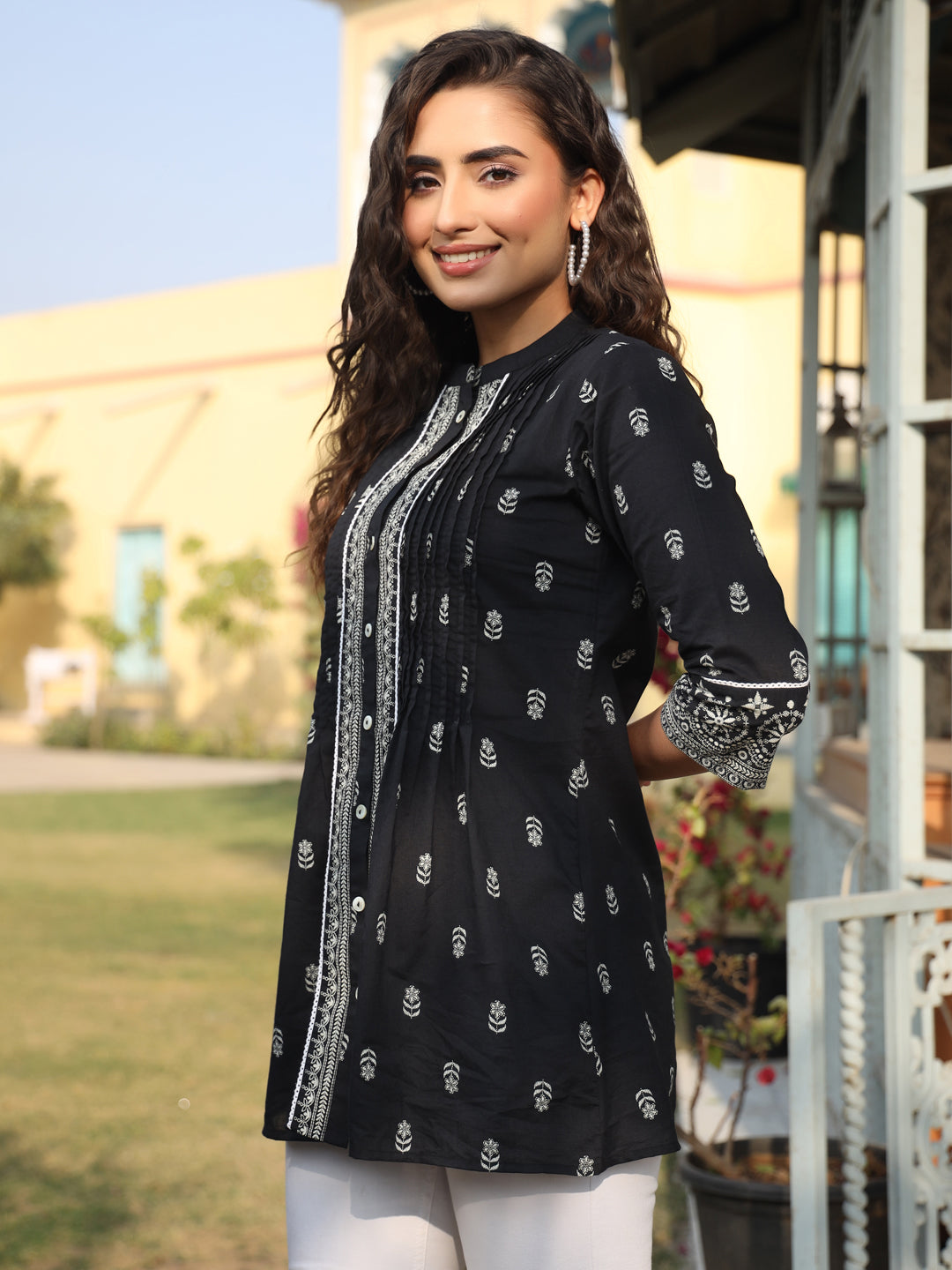 Black Cambric Floral Printed Tunic