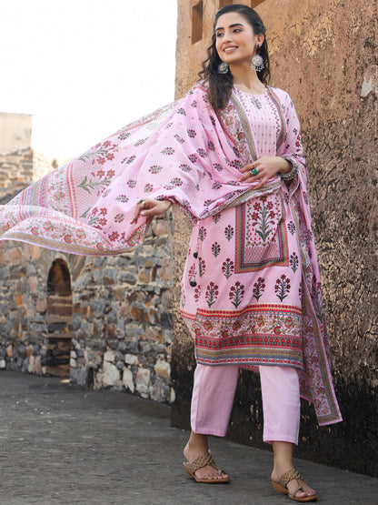 Lilac Cambric Floral Placement Printed Straight Fit Kurta Sets