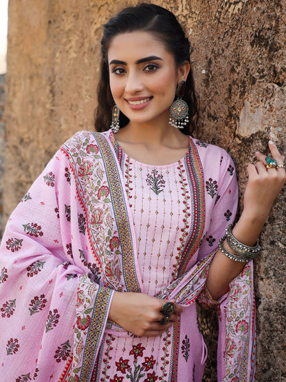 Lilac Cambric Floral Placement Printed Straight Fit Kurta Sets