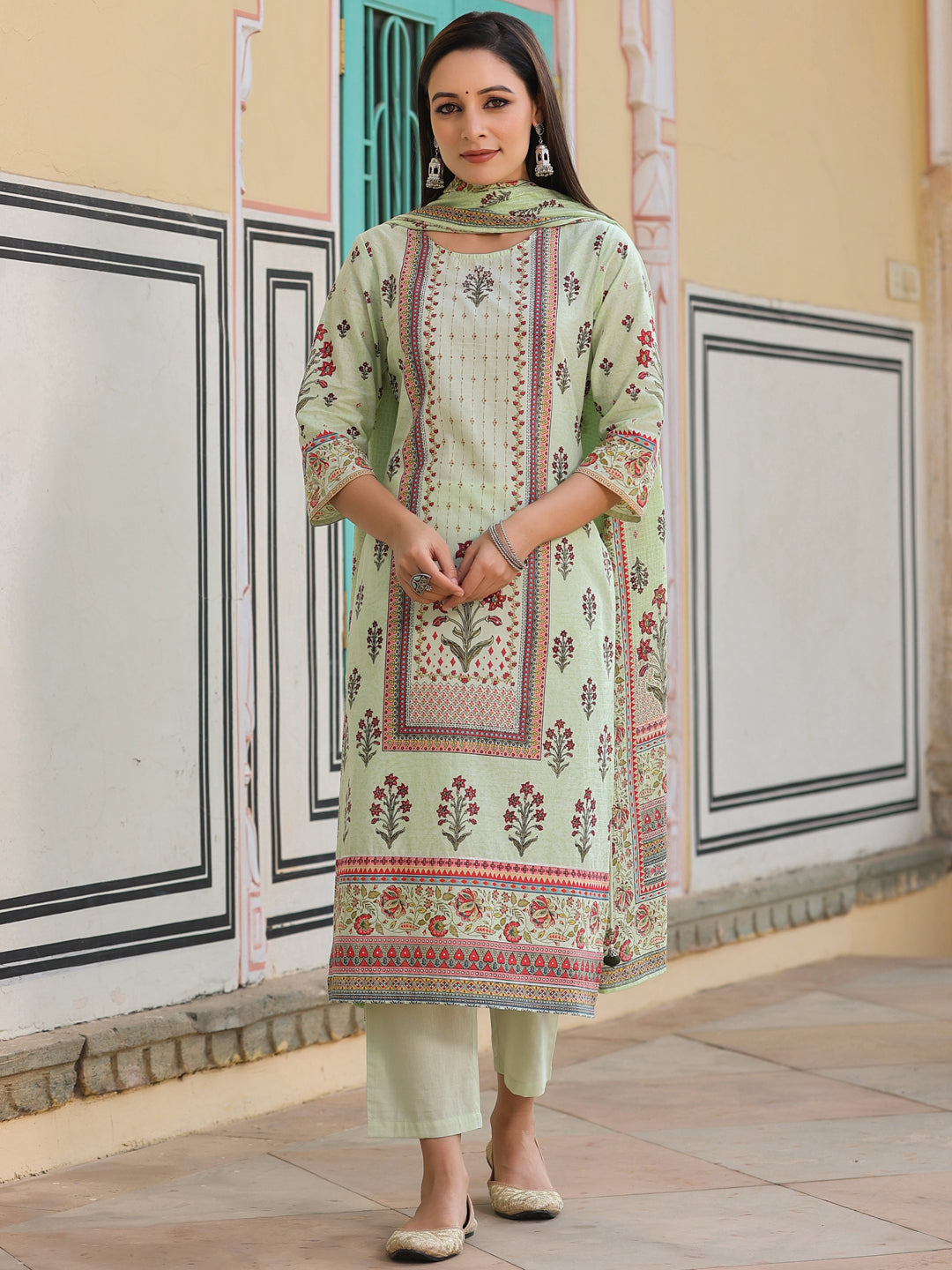 Lime Green Cambric Floral Placement Printed Straight Fit Kurta Sets