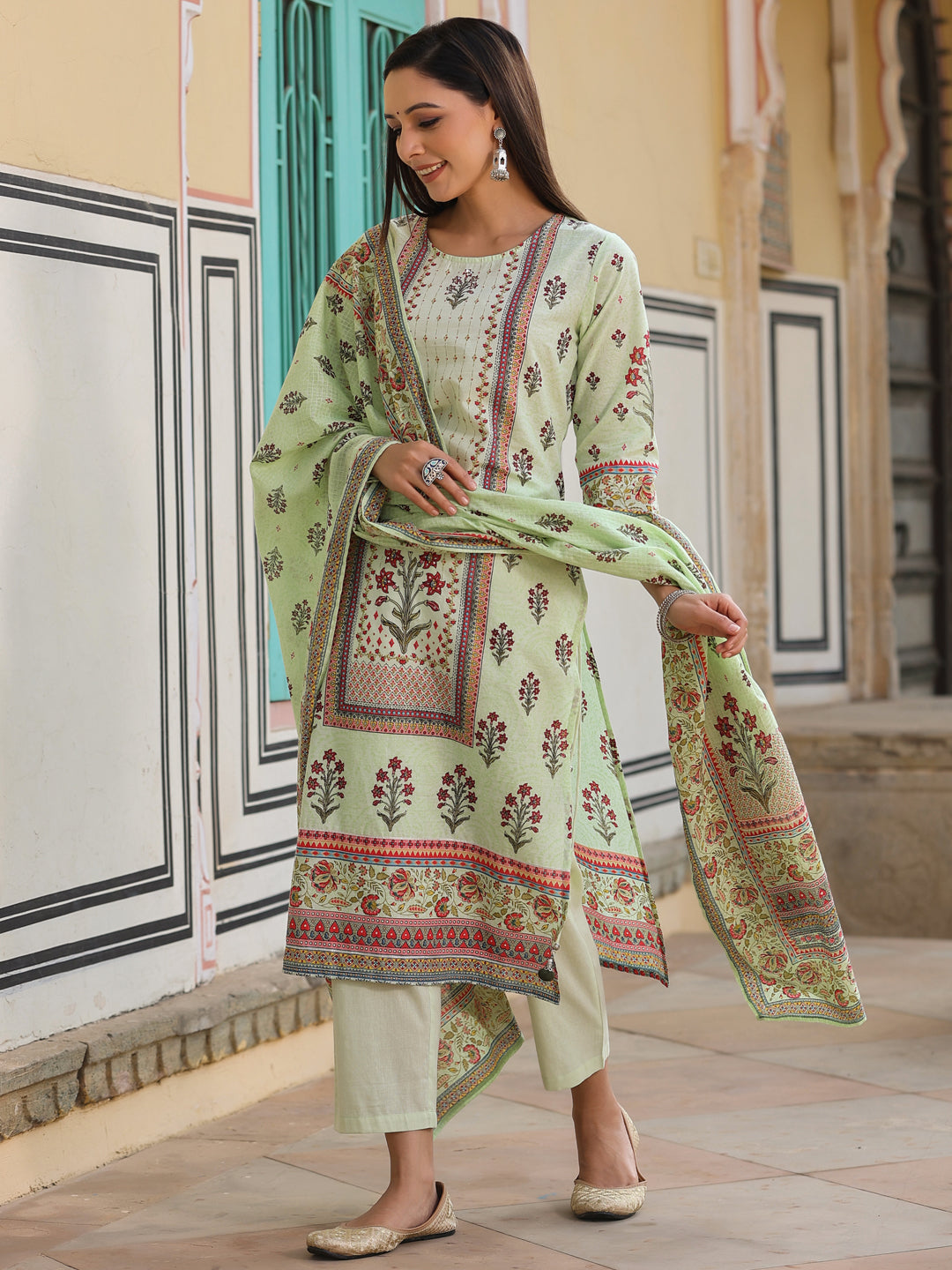 Lime Green Cambric Floral Placement Printed Straight Fit Kurta Sets