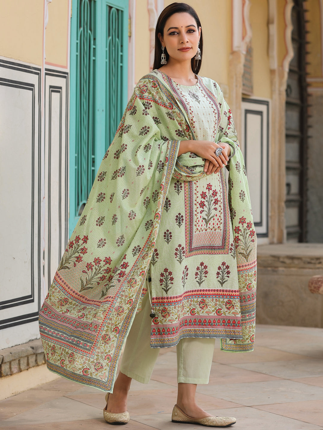 Lime Green Cambric Floral Placement Printed Straight Fit Kurta Sets