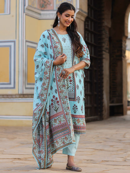 Skyblue Cambric Floral Placement Printed Straight Fit Kurta Sets