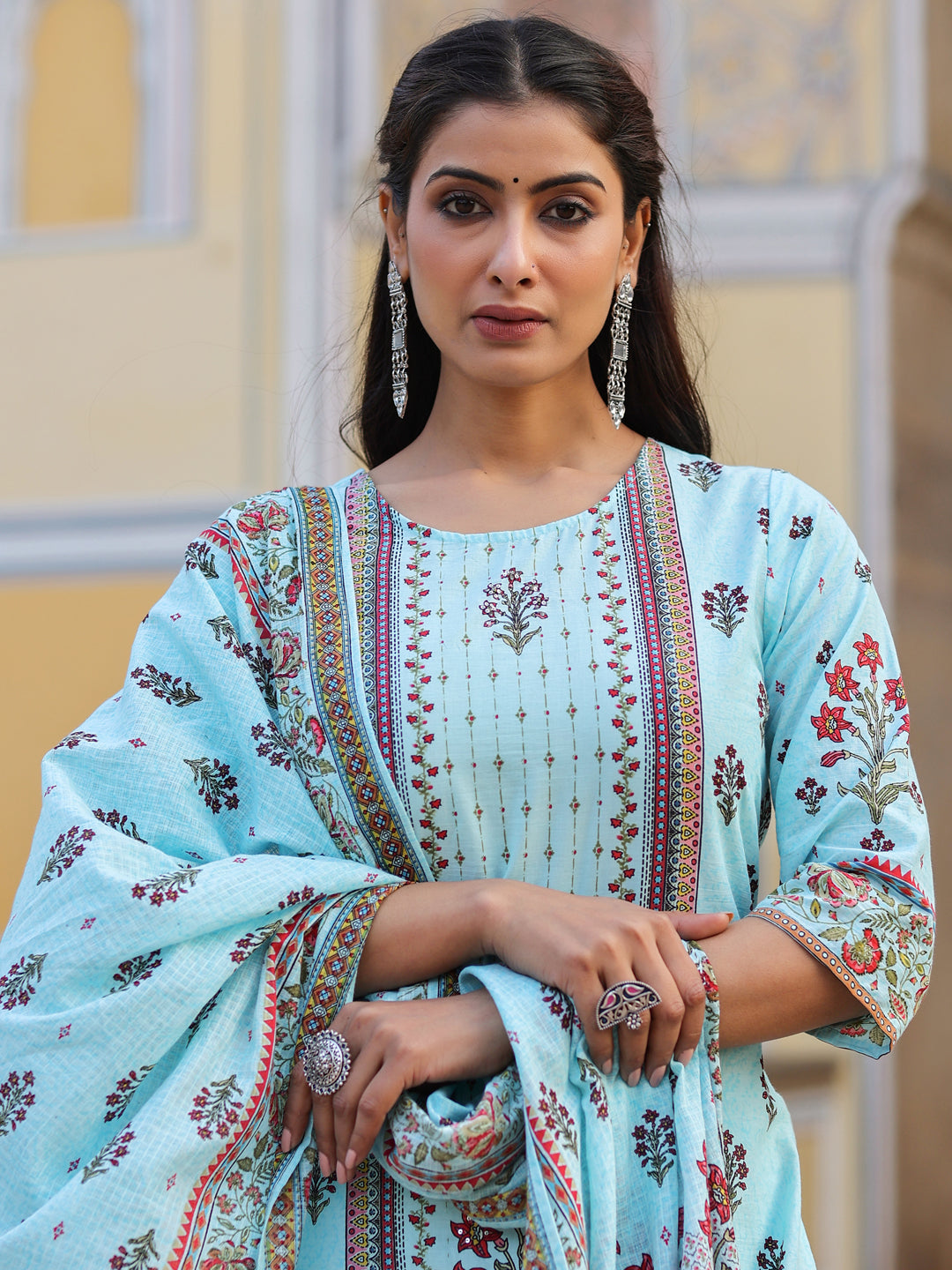 Skyblue Cambric Floral Placement Printed Straight Fit Kurta Sets