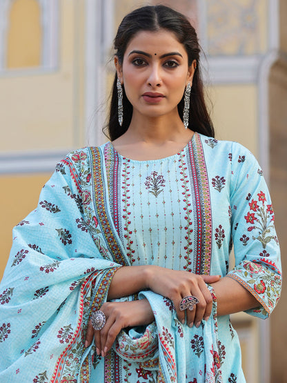 Skyblue Cambric Floral Placement Printed Straight Fit Kurta Sets