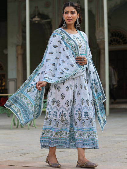 Skyblue Cambric Floral Placement Kurta Dupatta Sets
