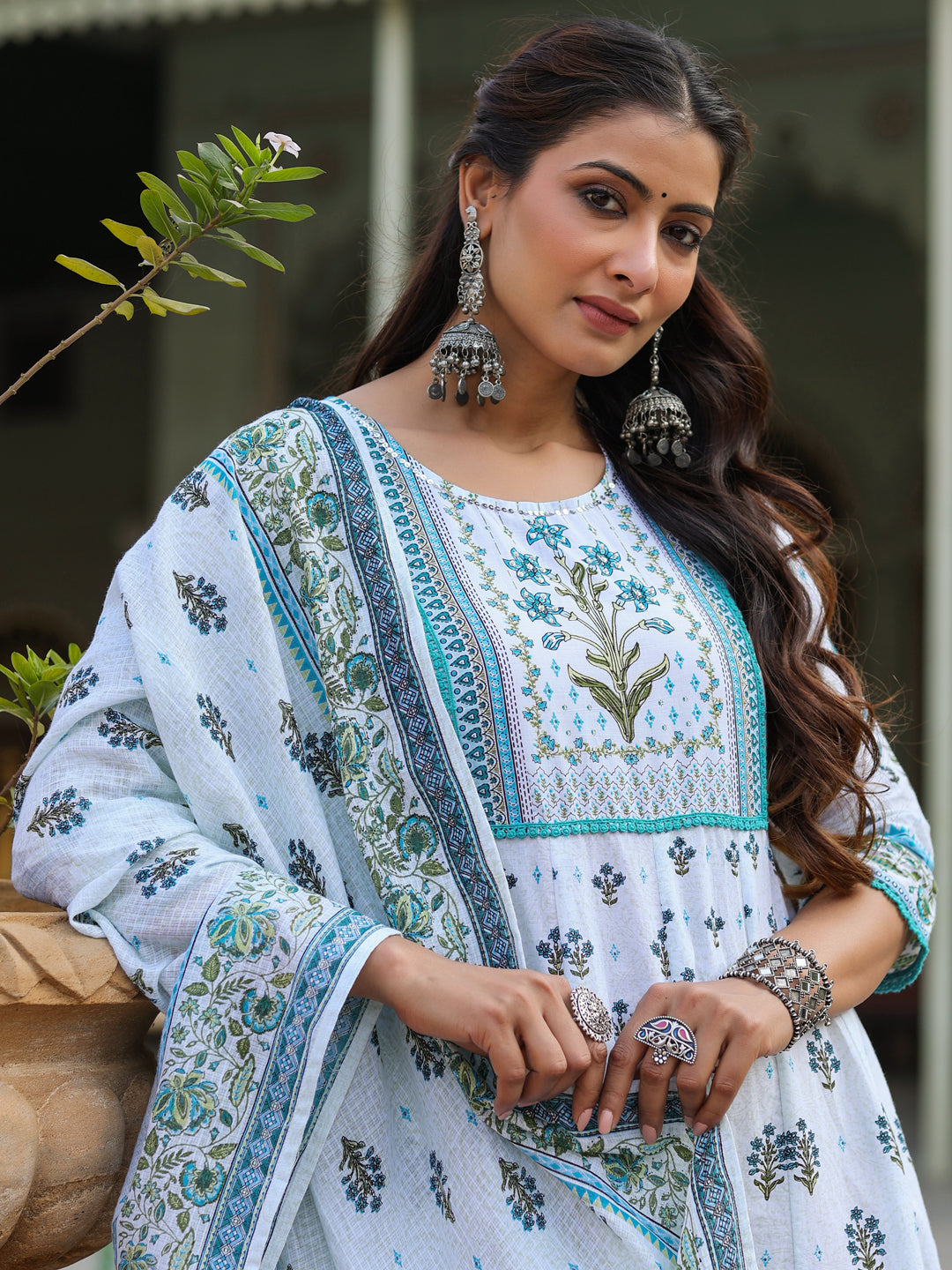 Skyblue Cambric Floral Placement Kurta Dupatta Sets