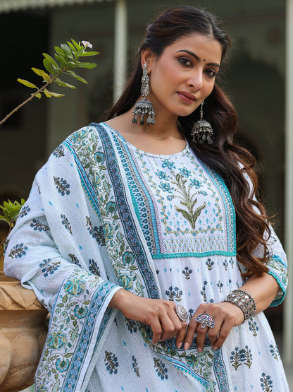 Skyblue Cambric Floral Placement Kurta Dupatta Sets