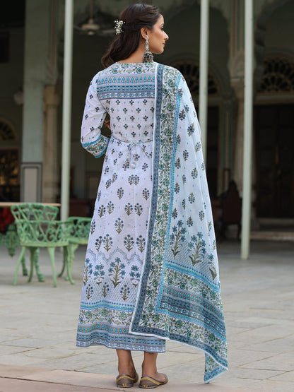 Skyblue Cambric Floral Placement Kurta Dupatta Sets